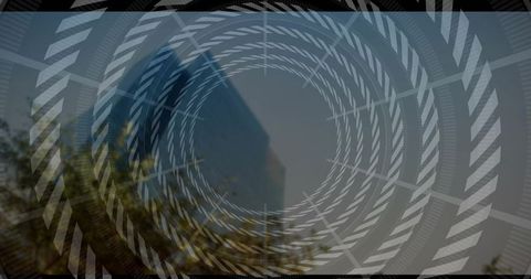 Futuristic Urban Skyline with Geometric Spiral Overlay