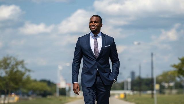Confident man in navy suit walking outdoors