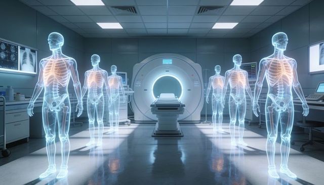 Futuristic ct scanner with holographic anatomical models for ai medical visualization