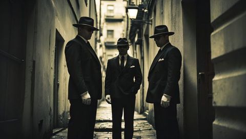 Mysterious bodyguards in cobblestone alley by lantern light