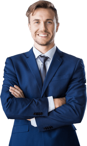 Smiling Confident Businessman with Arms Crossed, Blue Suit, Transparent Background