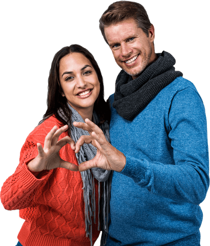 Smiling Couple Making Heart Symbol with Hands on Transparent Background