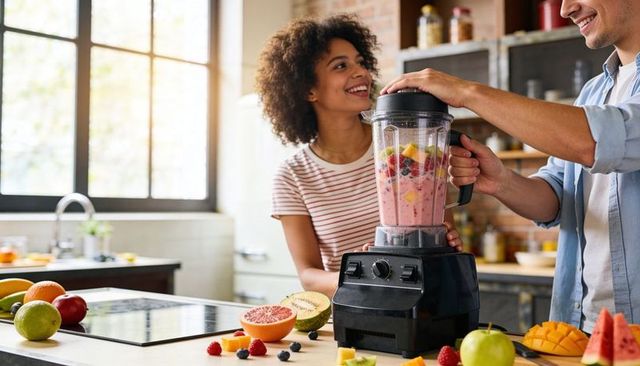 Couple blending colorful fruit smoothie at bright modern kitchen island, healthy lifestyle moment