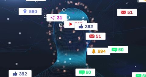 Digital avatar displaying social media notifications and data points in virtual network