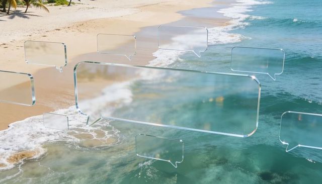 Floating glass speech bubbles hovering over tropical beach with turquoise ocean reflections