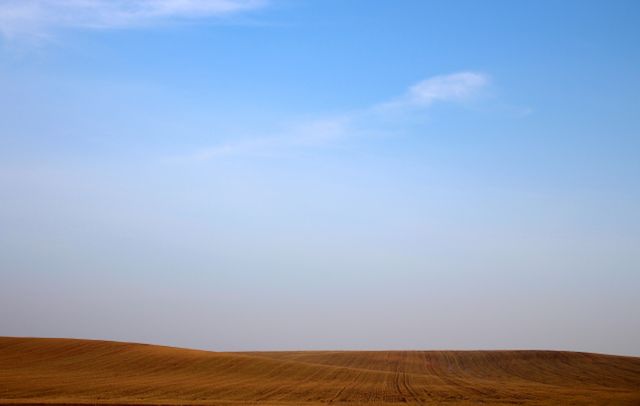 An expansive brown field extends under a clear blue sky with a faint hint of clouds. The simple yet beautiful landscape highlights the tranquility and vastness of rural areas. This image can be used to showcase agricultural lands, nature's beauty, or themes of simplicity and calmness. Ideal for presentations, backgrounds, websites, or advertisements focused on serenity, open spaces, or farming.