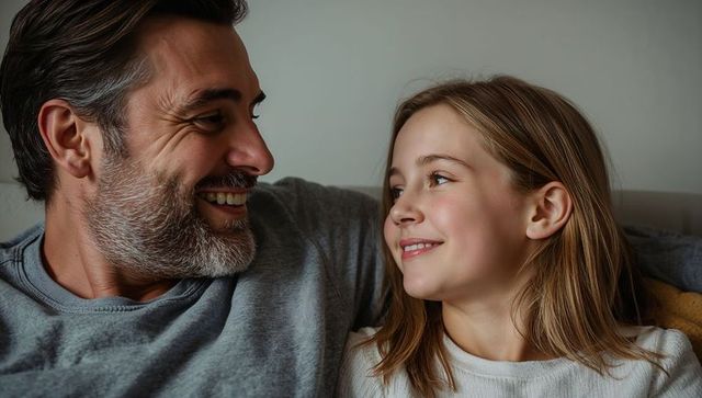 Father sharing warm smile with daughter on couch, intimate family bonding moment