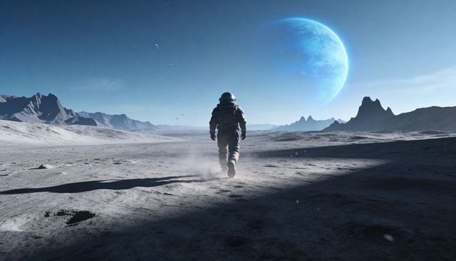 Solitary astronaut walking across barren lunar regolith beneath glowing blue gas giant