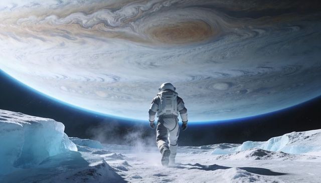 Astronaut walking across icy moon toward massive gas giant with swirling storm