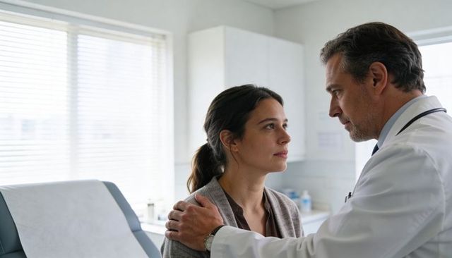 Compassionate physician comforting woman patient during clinical consultation in exam room