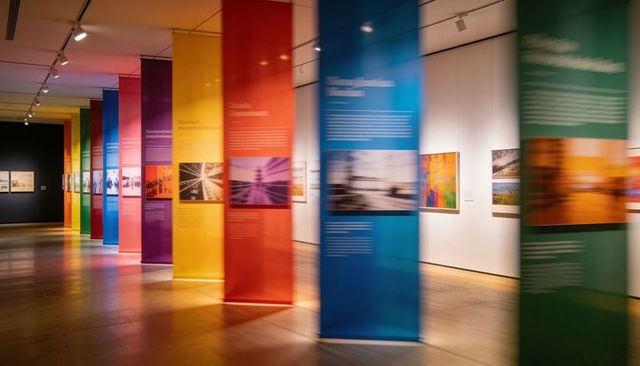 Rainbow translucent banner installation in contemporary gallery with framed artwork