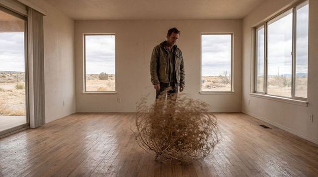 Man looking down at tumbleweed in empty desert living room with worn jacket