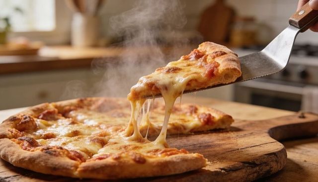 Pulling gooey mozzarella slice from hot wood-fired pizza on rustic cutting board