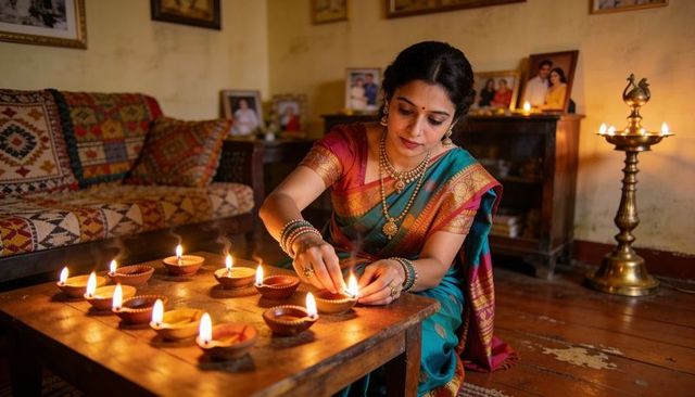 Indian woman lighting clay diyas in silk sari and gold jewelry for festive home ritual