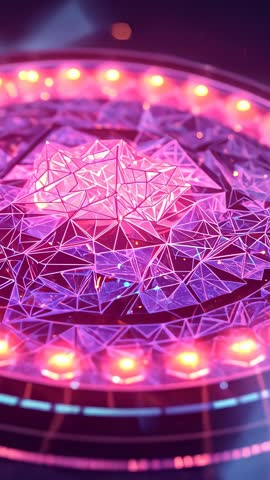 Futuristic Neon Mesh Platform Rotating with Pulsing LED Ring — Vertical Geometry Loop