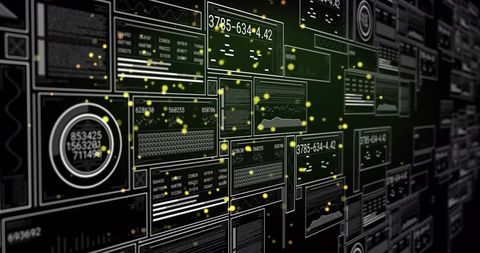 Displaying futuristic data control wall with neon HUD panels, numeric telemetry and floating particl