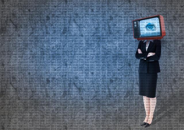 Businesswoman with television monitor for head standing against backdrop of binary data. Conceptual digital art showing blend of business, technology, and imagination. Ideal for creative tech presentations, innovative business concepts, digital transformation themes, and editorial content discussing media influence in business.