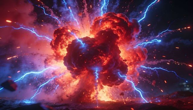 Erupting mushroom cloud with electric blue lightning and fiery embers over rocky plain