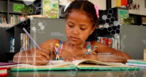 Young Girl Studying in Library with Technology Overlay