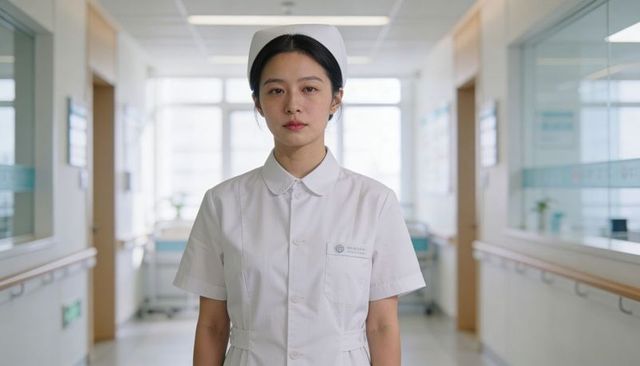 Standing asian nurse wearing white uniform and cap in hospital corridor showing name badge