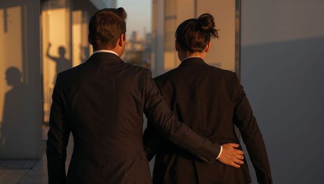 Business partners walking on rooftop terrace at golden hour with supportive hand on back