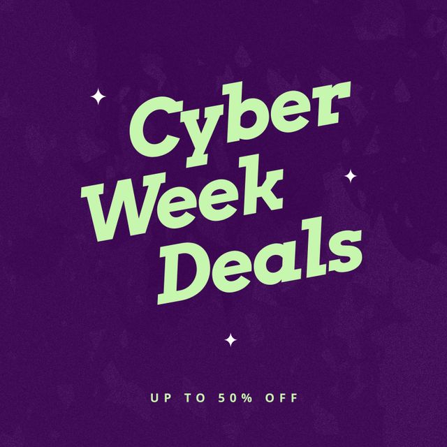 This image is ideal for advertising Cyber Week promotions and deals. The bright lettering on a dark purple background makes the text stand out, attracting attention for online shopping discounts. Perfect for use in digital marketing campaigns, social media posts, email newsletters, and promotional banners to highlight special offers during Cyber Week.