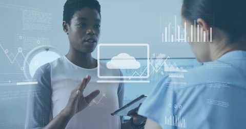 Business Professionals Analyzing Data with Digital Tablet Interface