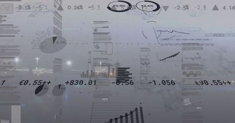Digital Financial Graphic Overlays Above Tranquil Urban Harbor at Night