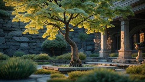 Tranquil courtyard with sunlit ornamental tree