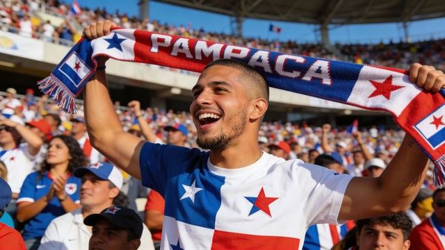Smiling fan raising panama red white blue scarf while cheering in sunlit stadium crowd