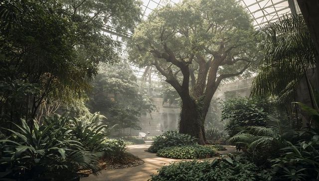 Mature oak tree towering beneath glass skylight in lush conservatory with winding walkways