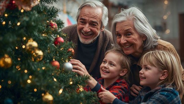 Grandparents and Grandchildren Decorating Glowing Christmas Tree