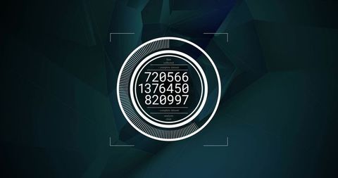 Futuristic Circular HUD Display Showing Numeric Data with Concentric Rings on Teal-Navy Geometric
