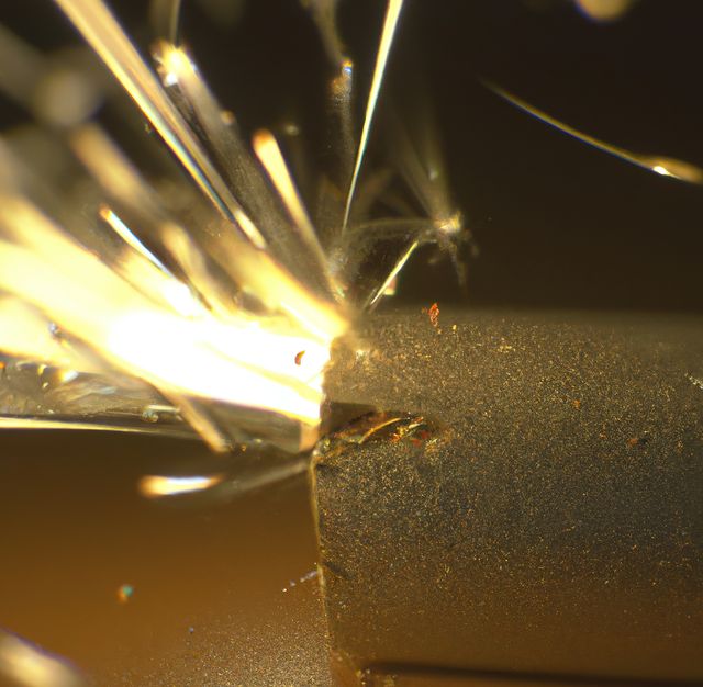 Close-up view of sparks flying off a metal surface during cutting with a drill bit. The precision machining process in a workshop setting underscores technical skills and engineering expertise. This detailed image can be used for articles or marketing materials related to manufacturing, mechanical engineering, industrial techniques, or technical training.