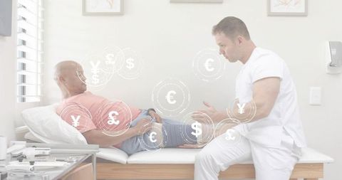 Clinician consulting patient on leg assessment and billing with currency symbols overlay