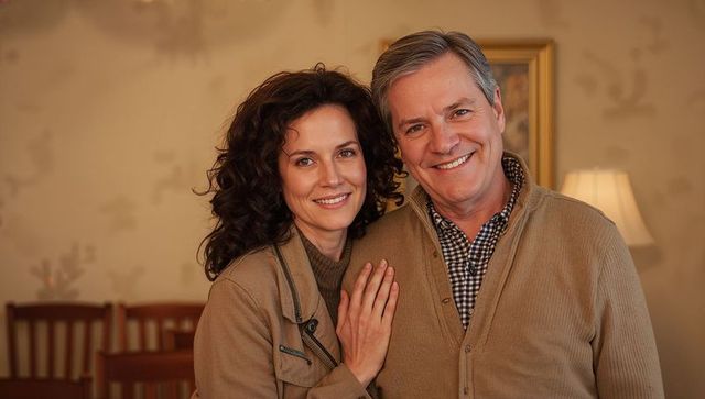 Smiling mature couple embracing in warm living room, woman resting hand on partner's chest