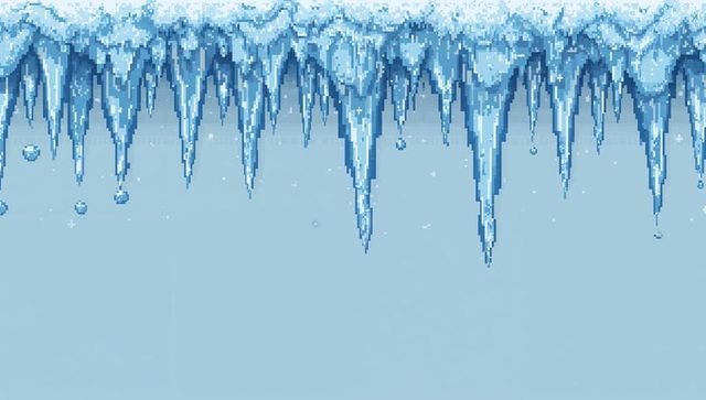 Retro pixel icicles hanging from snowy roofline with melting drips and sparkling frost