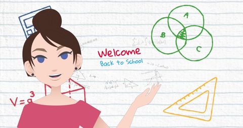 Smiling Teacher Welcoming Students Back to School with Math Illustrations - Download Free Stock Images Pikwizard.com