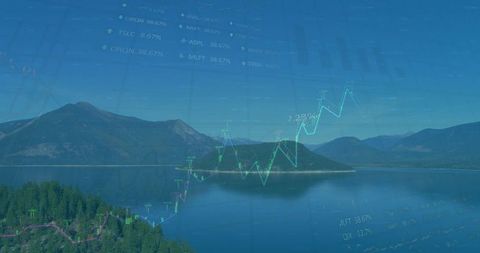 Graph overlay on tranquil mountain lake landscape