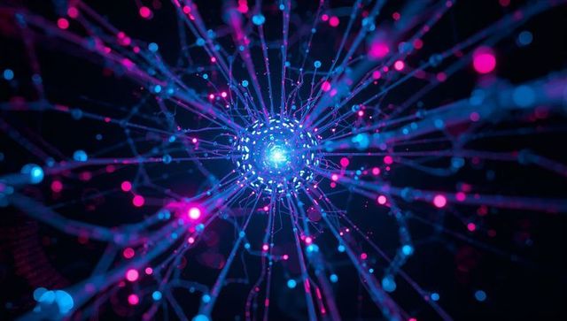 Radiating electric-blue core sending neon cyan magenta filaments through digital network