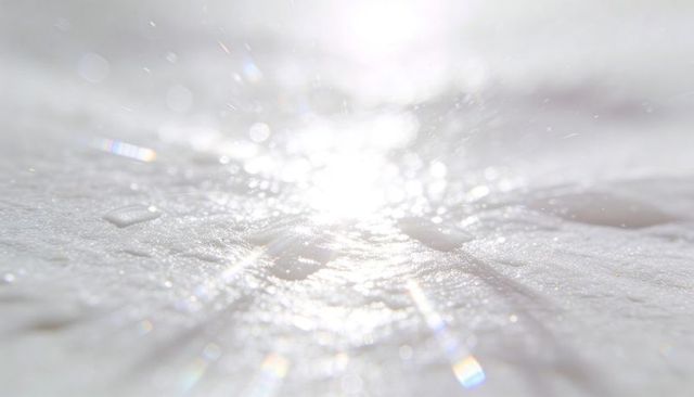 Sunlit melting snow sparkling with starburst glare, prismatic bokeh and frost macro