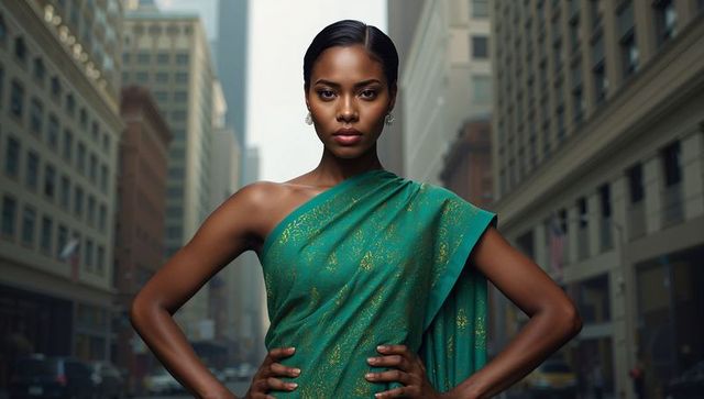 Elegant Woman in Draped Dress Posing on City Street