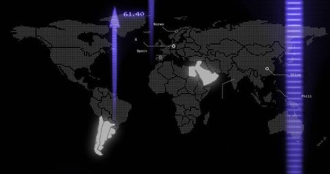 Neon dotted world map highlighting south america and arabian peninsula futuristic dashboard