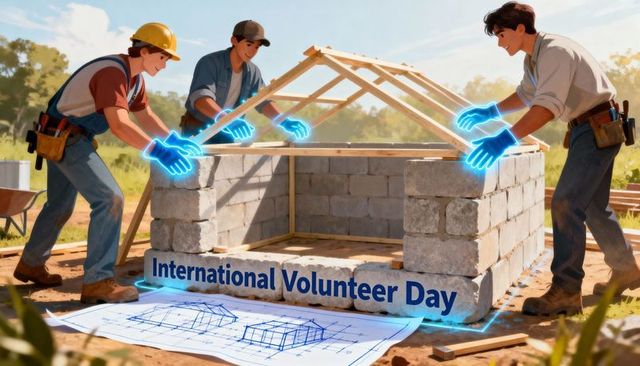 Volunteers building community shelter for international volunteer day lifting roof truss
