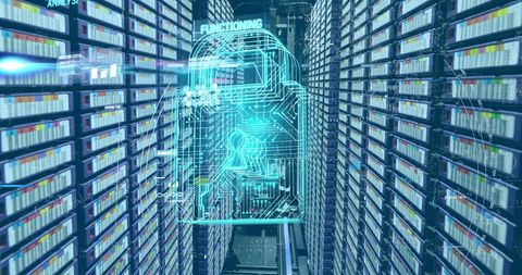 Futuristic Padlock Hologram Over Data Center - Download Free Stock Images Pikwizard.com