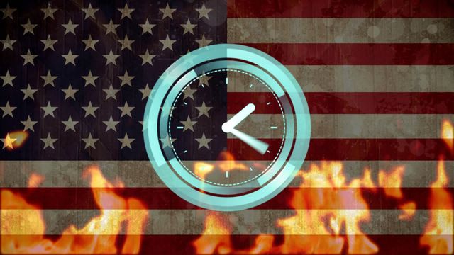 Digital clock superimposed over American flag with flames. Represents urgency or burning issues within a national context. Useful for illustrating themes of time, crisis, patriotism, political commentaries, and urgency in news articles or presentations.