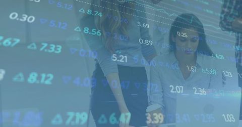 Women collaborating on market data analysis with digital stock figures overlay