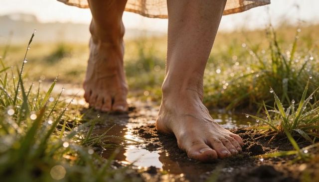Walking barefoot through dewy muddy path at sunrise, skirt hem brushing grass, nature calm