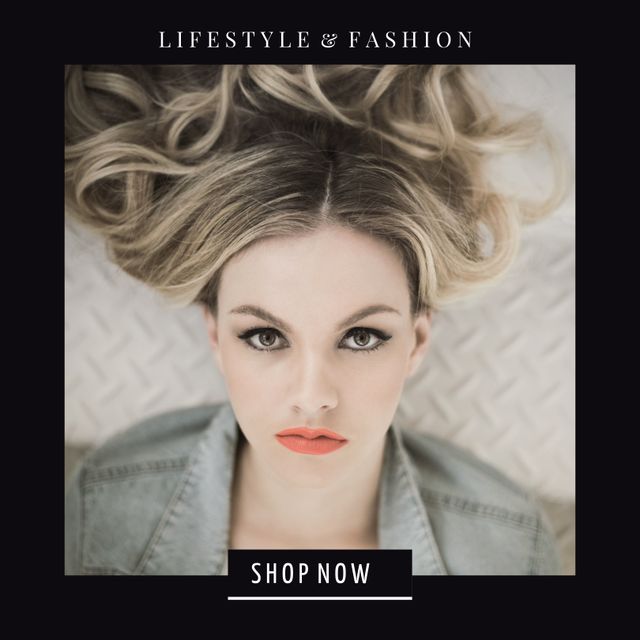 Perfect for promoting fashion brands or beauty salons, this photo showcases a stylish, blonde woman with curled hair and professional makeup lying down in a modern fashion advertisement. The elegant appeal and trendy outfit convey luxury and sophistication, ideal for magazine covers, social media posts, and promotional campaigns for high-end fashion retailers or beauty services.