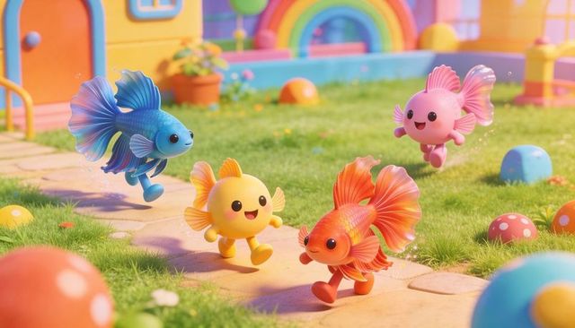 Playful anthropomorphic fish walking in pastel garden playground with rainbow arch